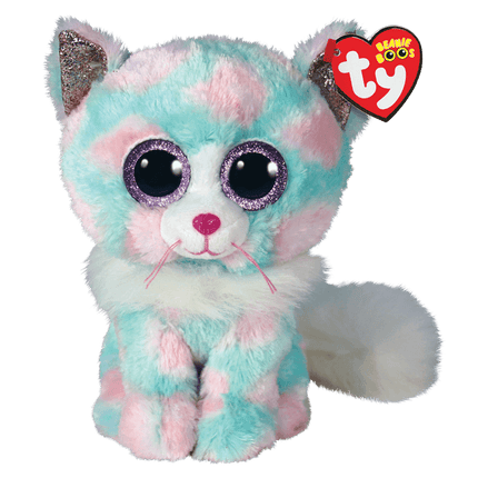 Pastel coloured sitting cuccly cat toy with large sparkly eyes.