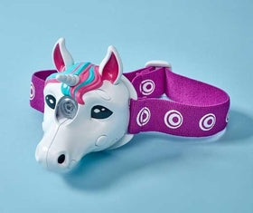 Unicorn head torch with purplish head-band on a blue background.