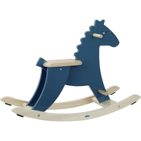 Angled view of the blue wooden Vilac rocking horse. White background.