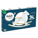 Dark blue box containing the white wooden rocking horse. White background.