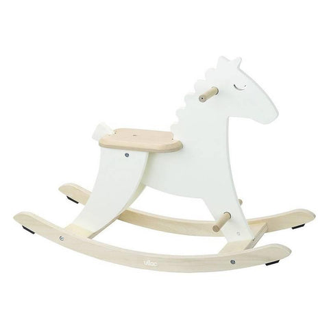 White and natural wood coloured wooden rocking horse on a white background.
