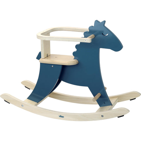 Blue hand-painted rocking horse with natural wood coloured seat , handles and rockers.