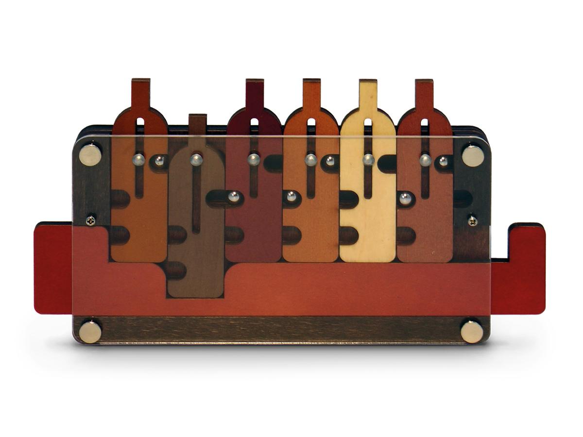Waiter's Tray puzzle with moving wooden bottle shapes.