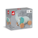 Boxed toy wooden pull-along elephant with wheels.