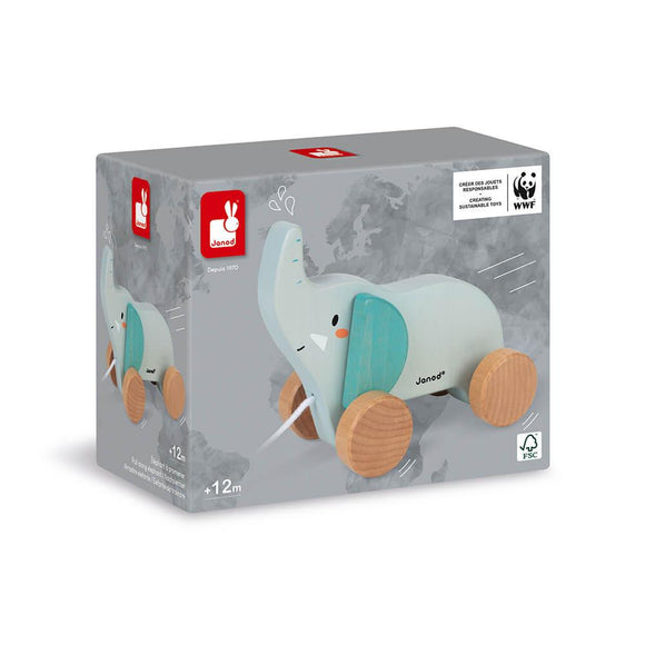 Boxed toy wooden pull-along elephant with wheels.