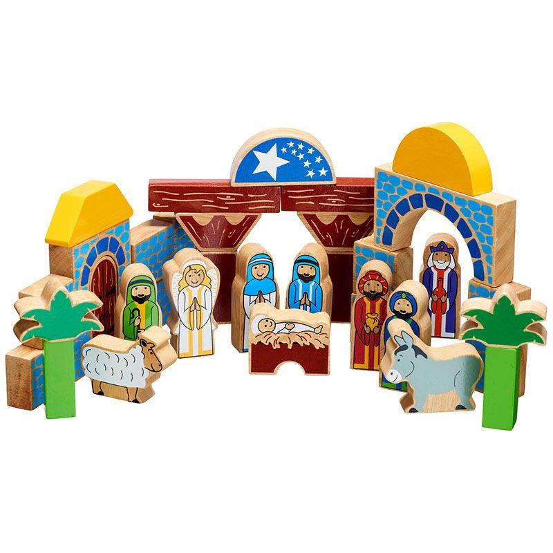 Colourful wooden nativity building blocks and characters.