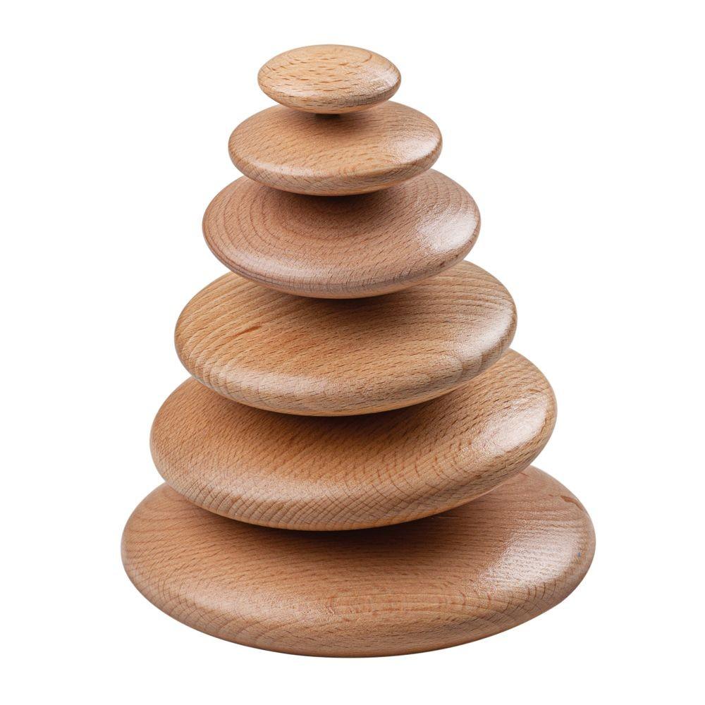 6 smooth wooden play pebbles for stacking and balancing.